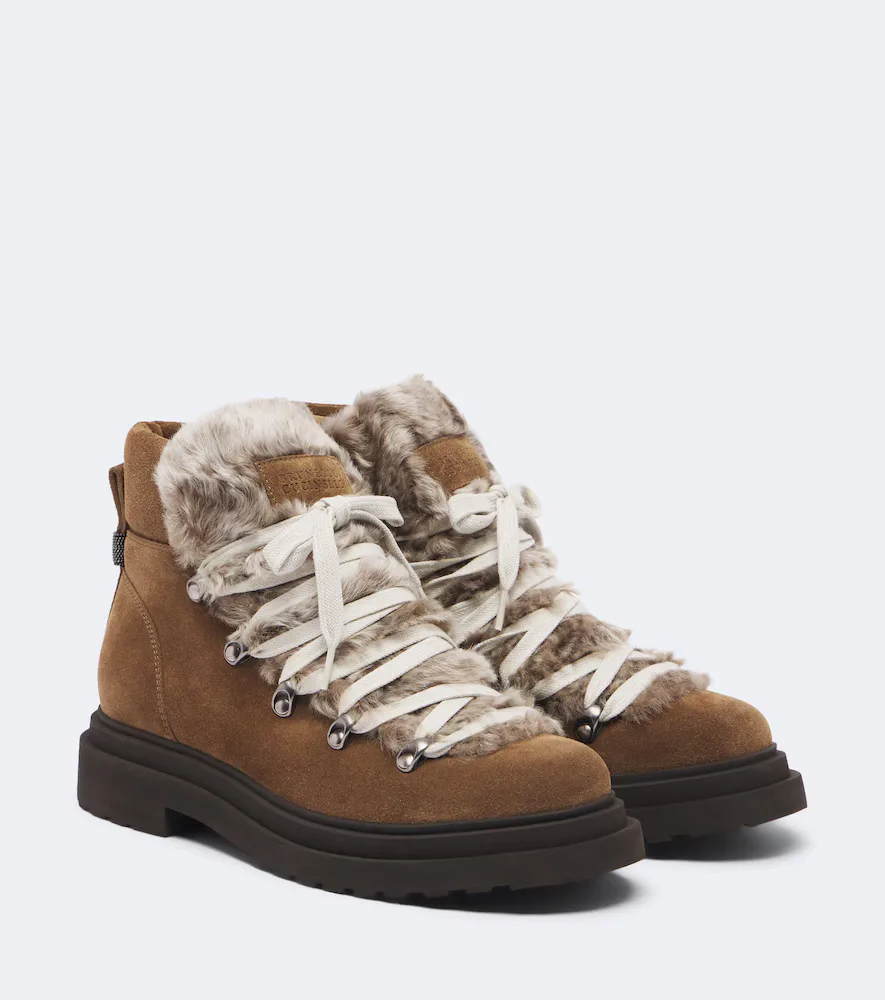 Monili Shearling-Trimmed Suede Lace-Up Boots