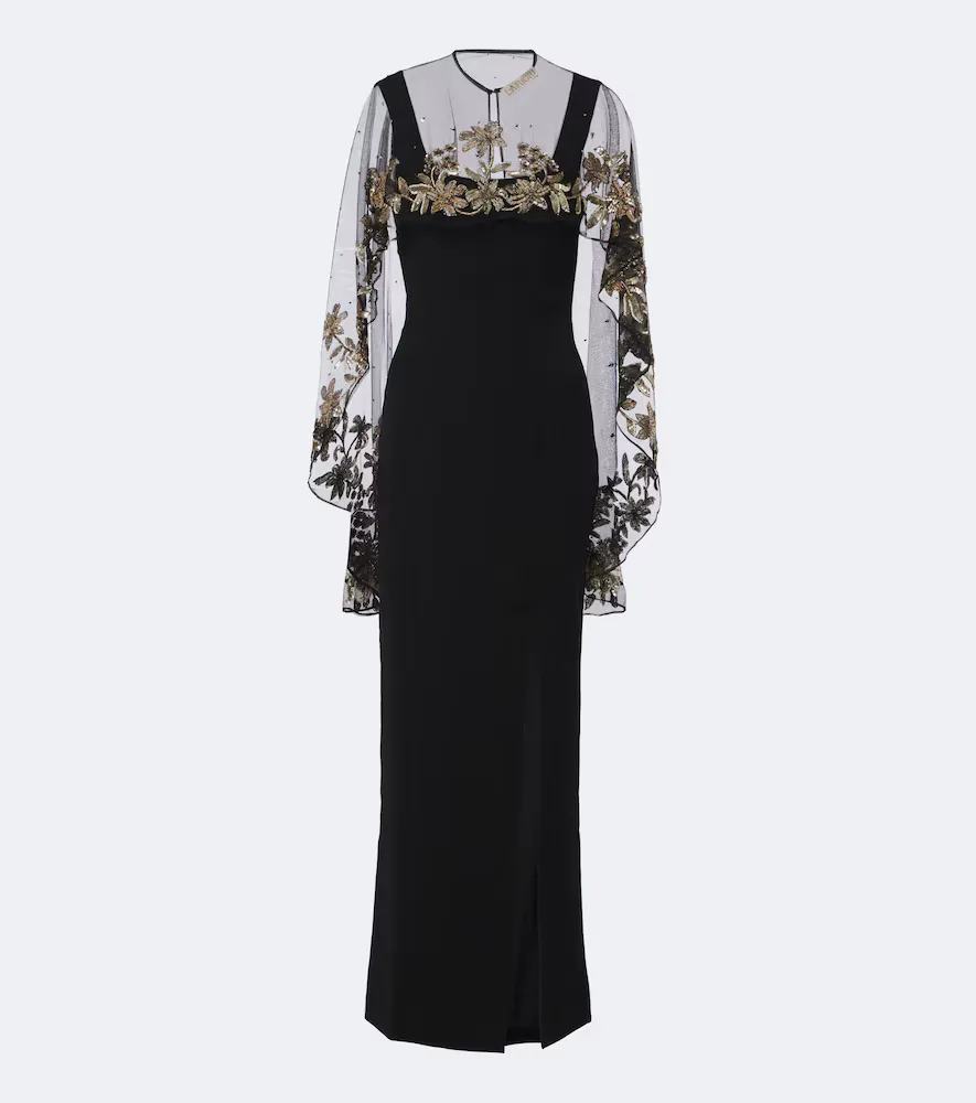 Floral Sequined Caped Gown by La Fuori