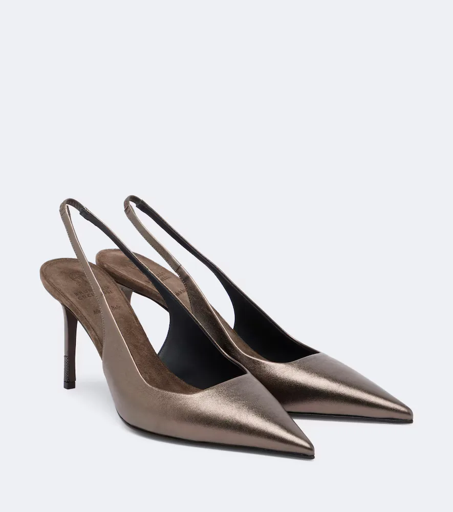 Monili Metallic Leather Slingback Pumps by Brunello Cucinelli