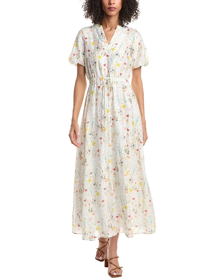 V-Neck Puff Sleeve Linen-Blend Maxi Dress