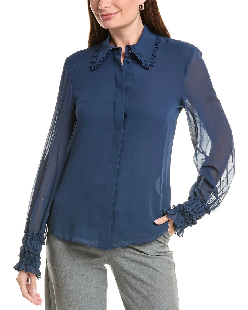 Pleated Collar Balloon Sleeve Silk Blouse by Lafayette 148 New York