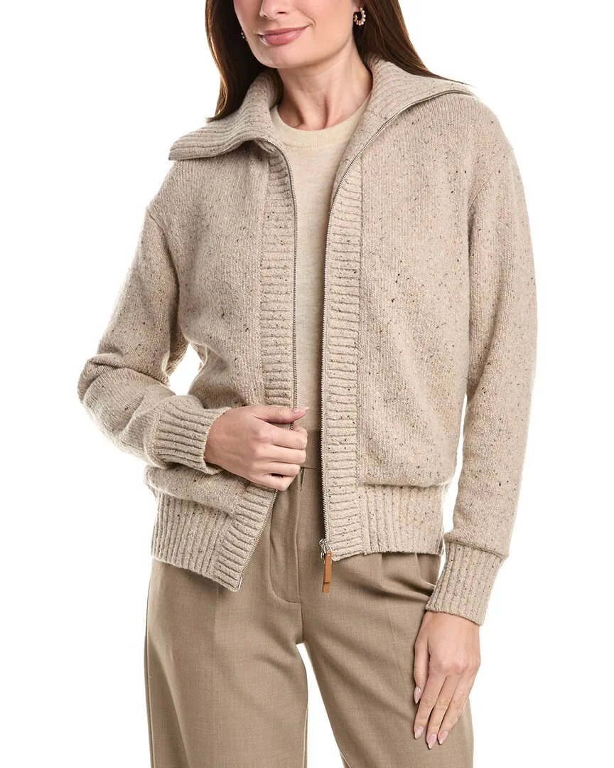 Rib Split Collar Zip Front Cashmere & Wool-Blend Cardigan by Lafayette 148 New York