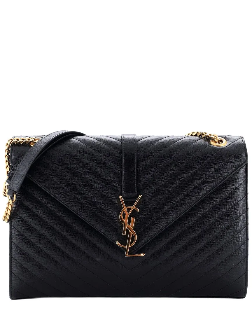 Black Matelasse Chevron Leather Classic Monogram Envelope Satchel Large (authentic Pre-Loved) by Saint Laurent