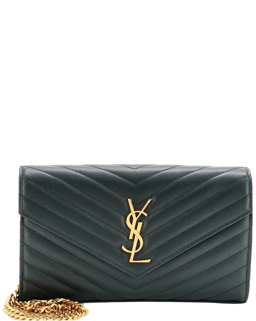 Green Matelasse Chevron Leather Classic Monogram Wallet on Chain Medium (authentic Pre-Loved) by Saint Laurent