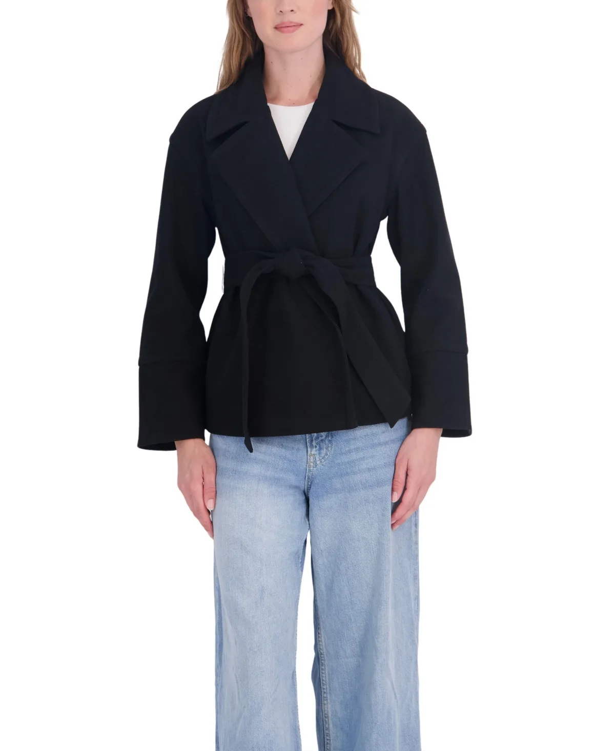 Short Faux Wool Snap Front Belted Coat by Sebby Collection