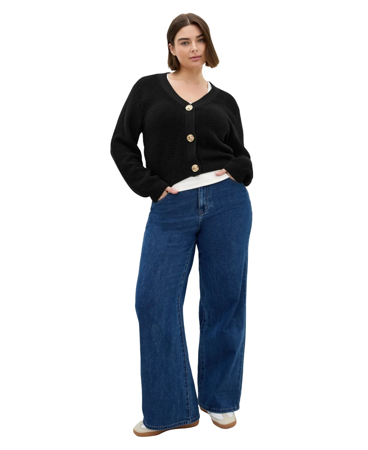 Bella V-Neck Long-Sleeve Textured-Knit Cardigan by City Chic