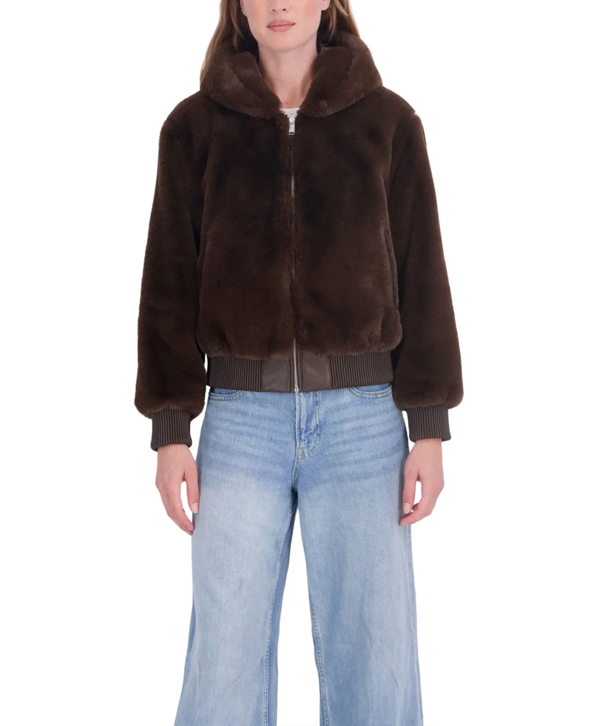 Hooded Faux Fur Bomber Coat by Sebby Collection