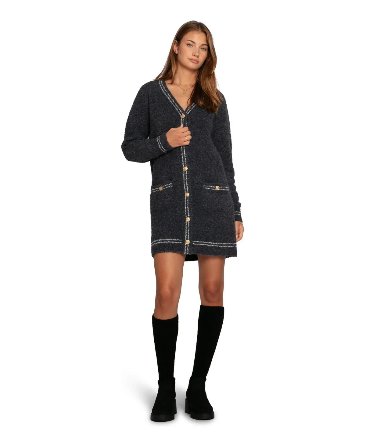 Cute in This Long-Sleeve V-Neck Mini Sweater Dress by Belle & Bloom