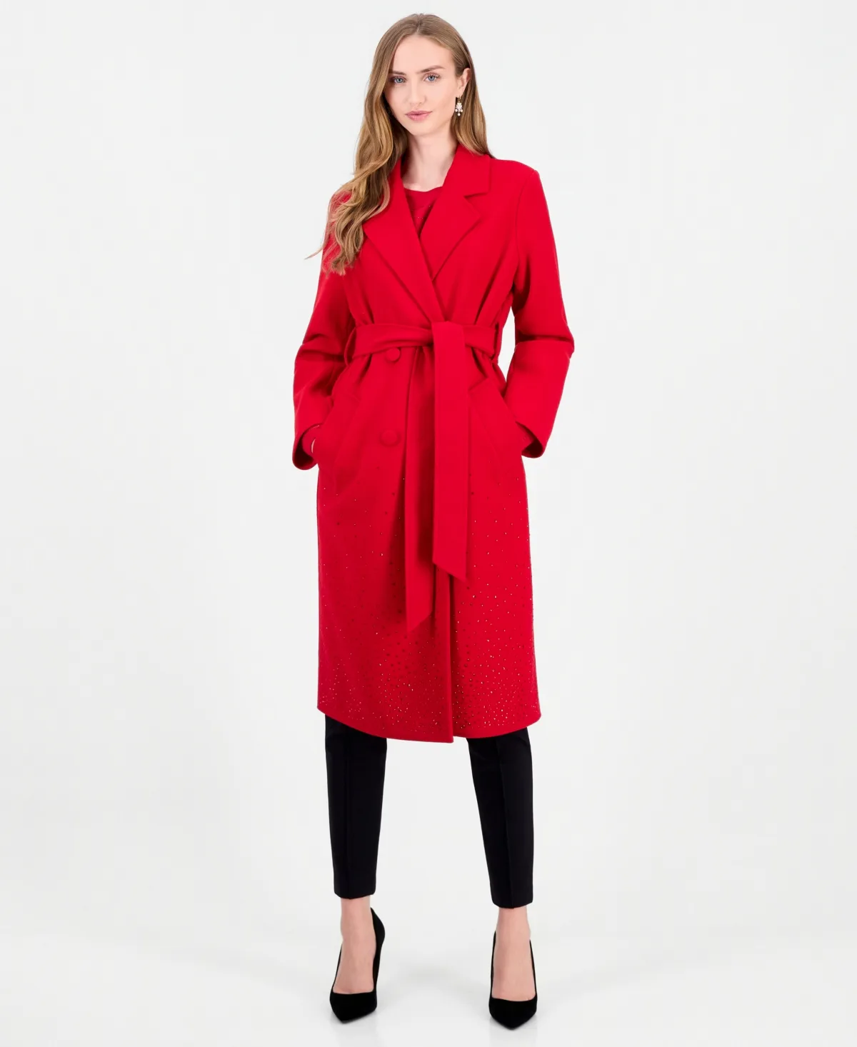 Double-Breasted Heatset Embellishment Self Waist Tie Coat