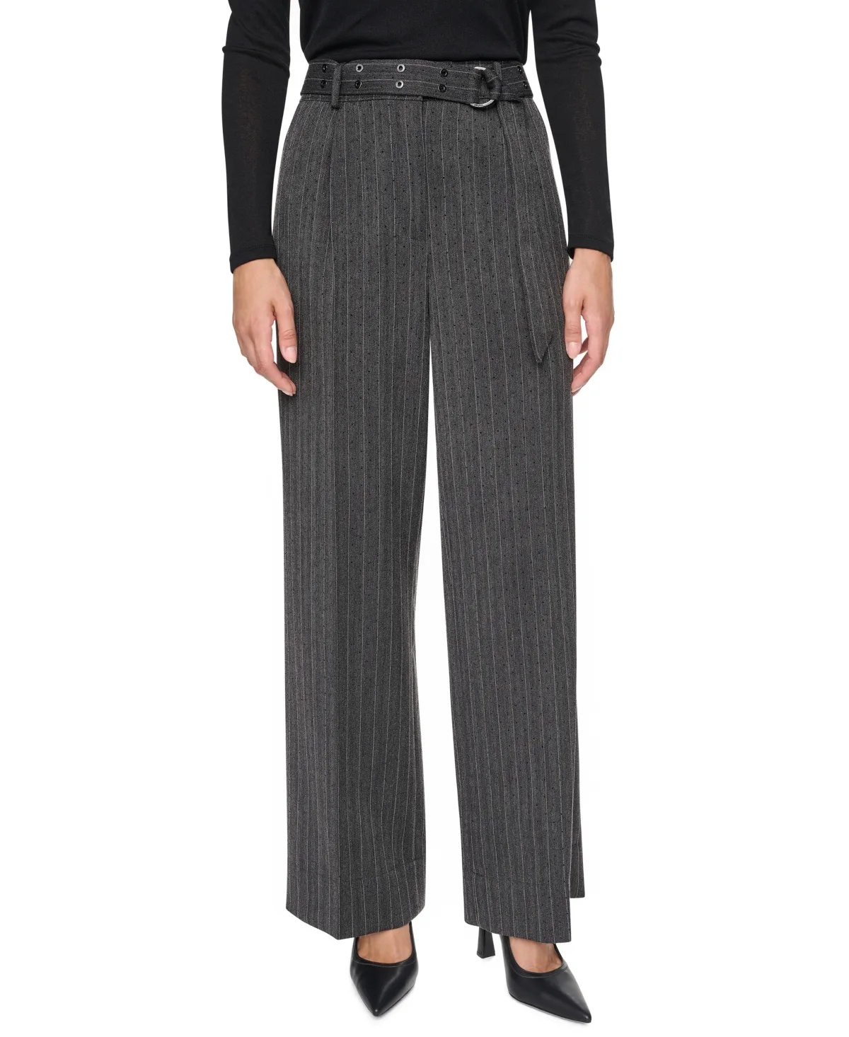 Sparkle Pinstripe High-Waisted Wide-Leg Pants by DKNY