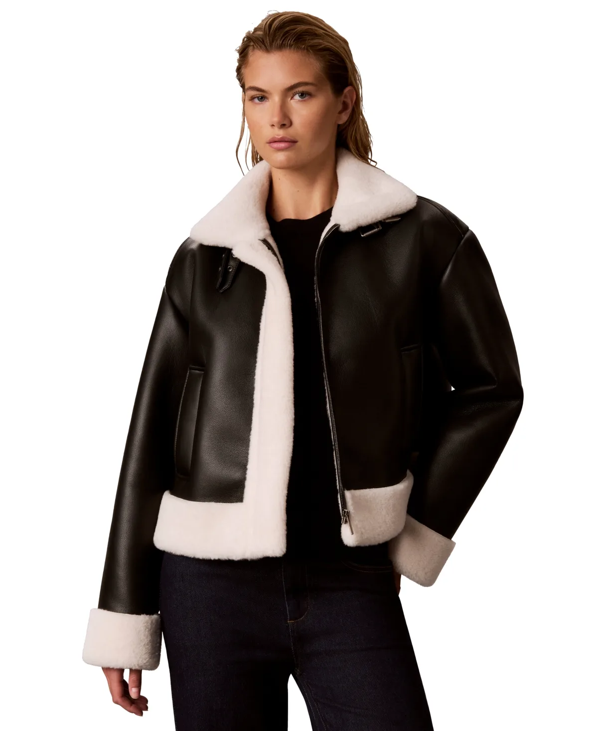 Sherpa-Lined Faux Shearling Bomber Jacket
