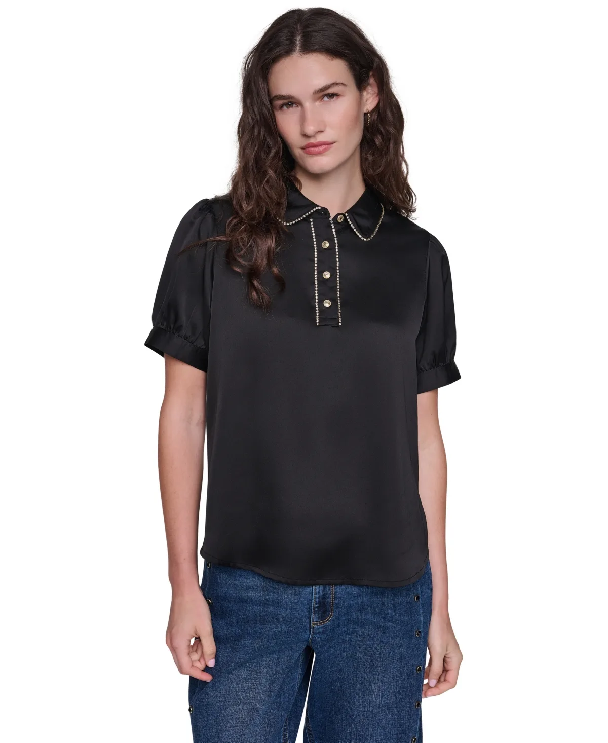 Short-Sleeve Satin Crystal-Embellished Collared Blouse