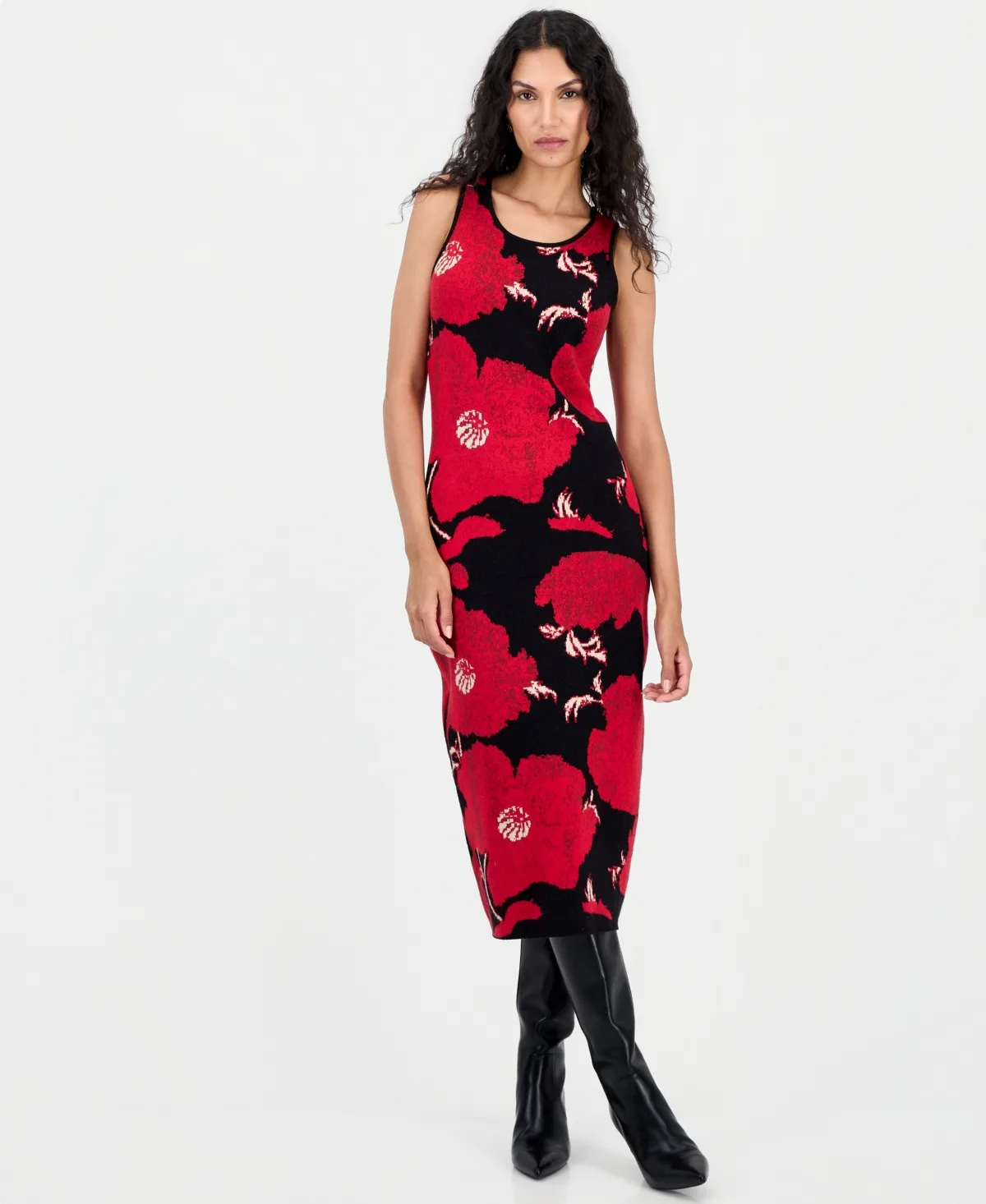 Sleeveless Jacquard Floral-Print Midi Dress