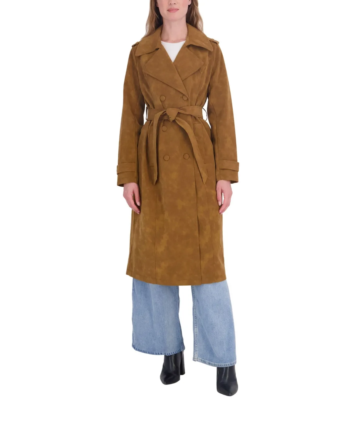 Nubuck Faux Leather Belted Trench Coat by Sebby Collection