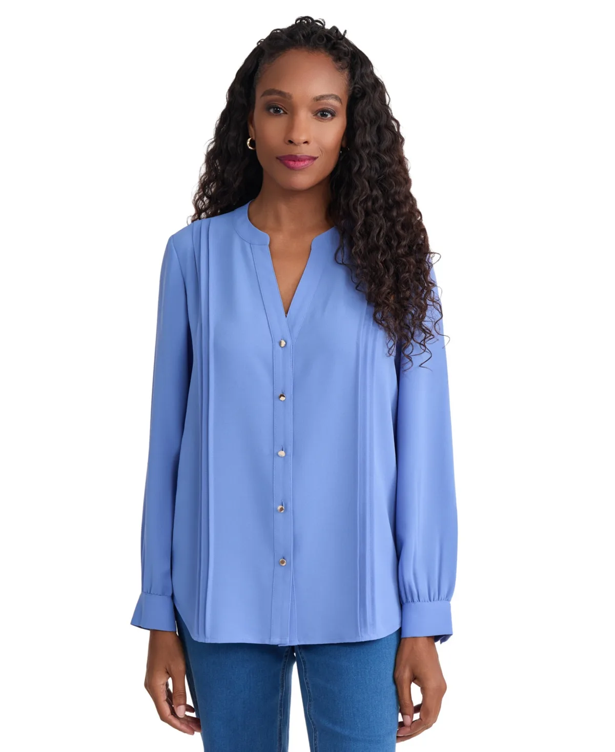 Long-Sleeve Split V-Neck Pintuck Blouse by Jones New York