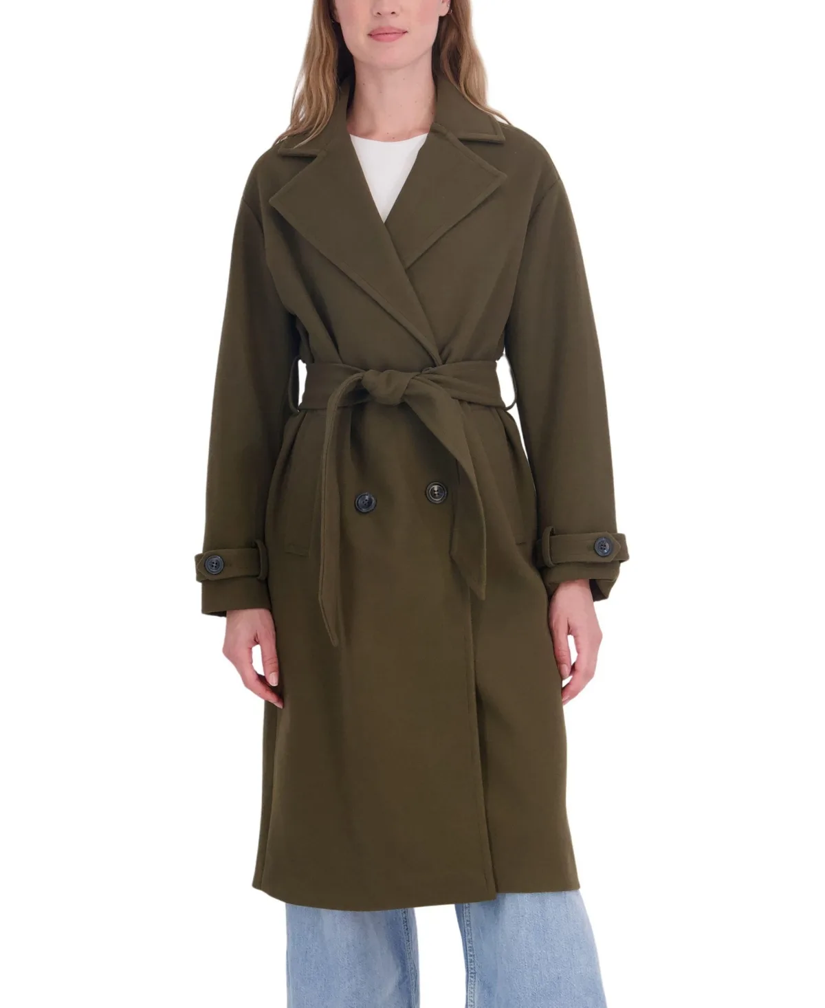 Long Belted Oversized Double Breasted Faux Wool Coat by Sebby Collection
