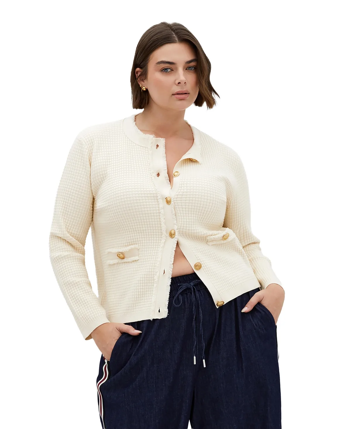 Cleo Textured Knit Crewneck Cardigan by City Chic