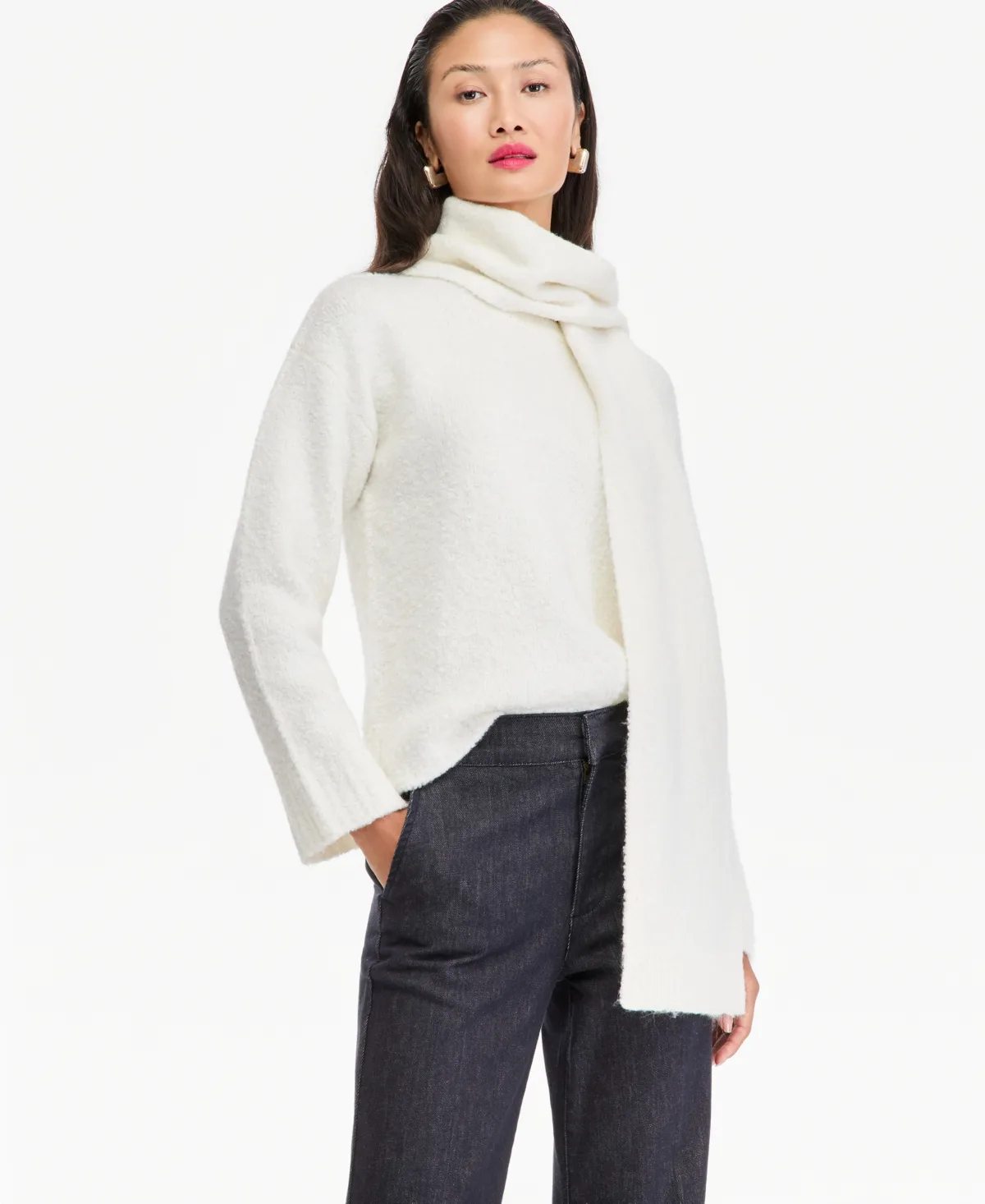 Boucle Long Sleeve Scarf Neckline Sweater by INC International Concepts