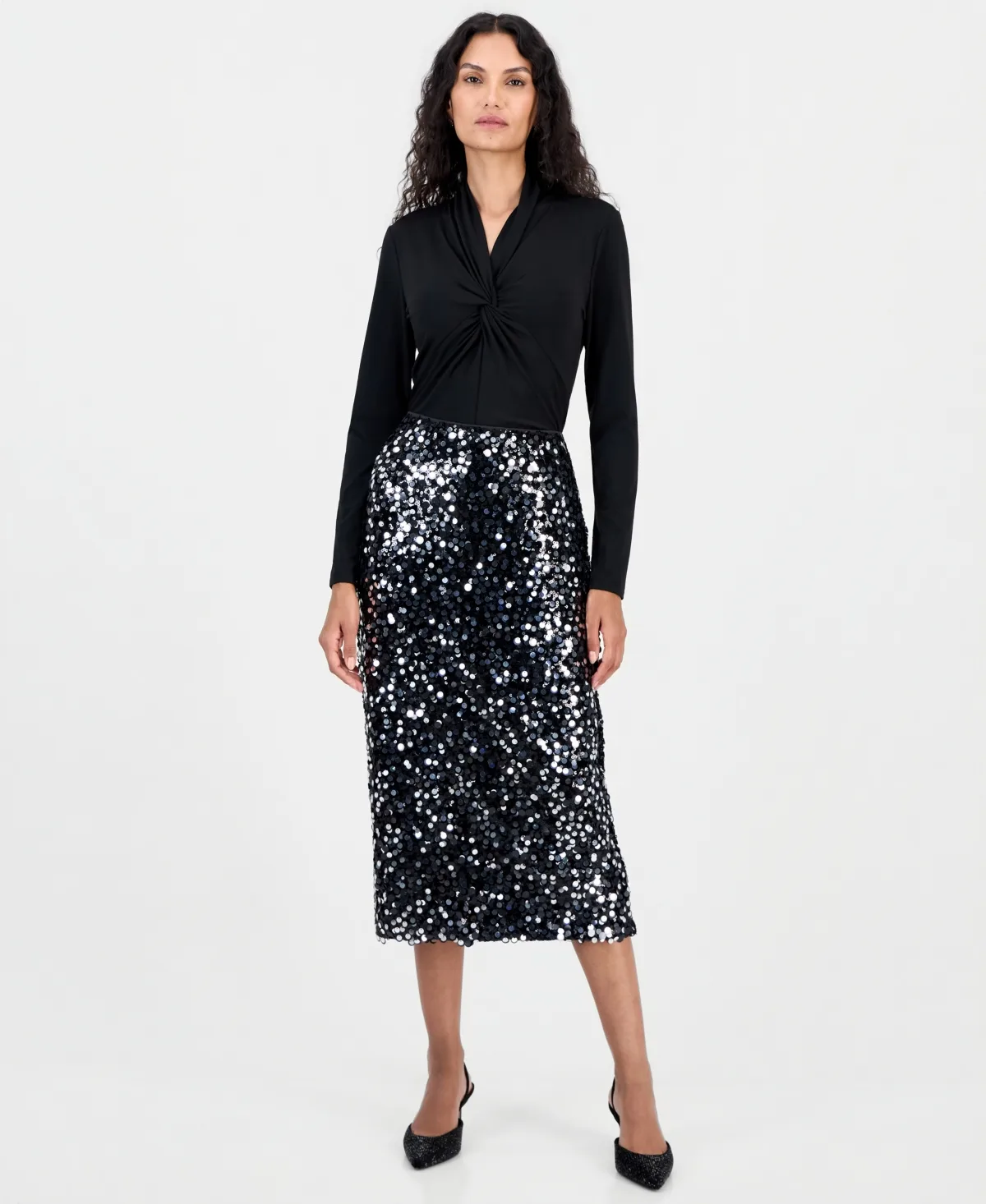 High-Waisted Sequin Midi Skirt by Tahari