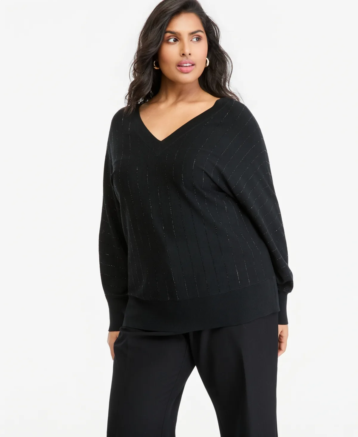 Rhinestone-Stripe V-Neck Pullover Sweater by INC International Concepts