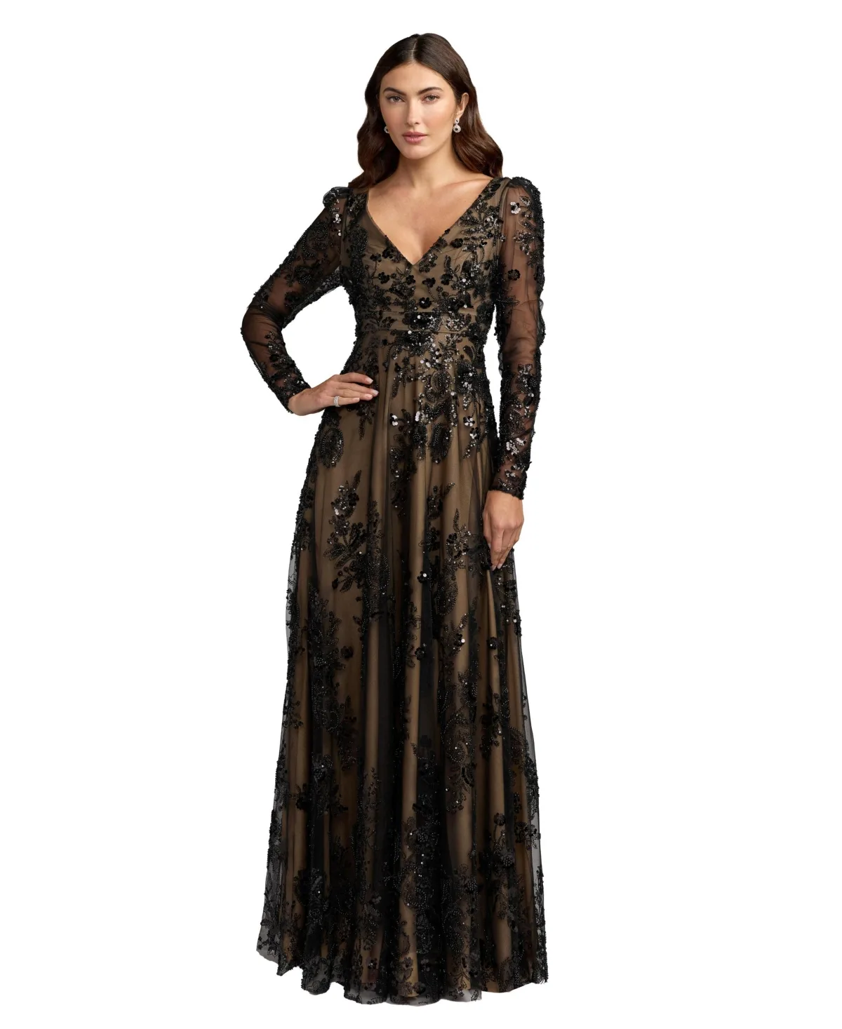Mac Duggal Floral Embroidered V Neck Long Sleeve Gown by M.A.C.