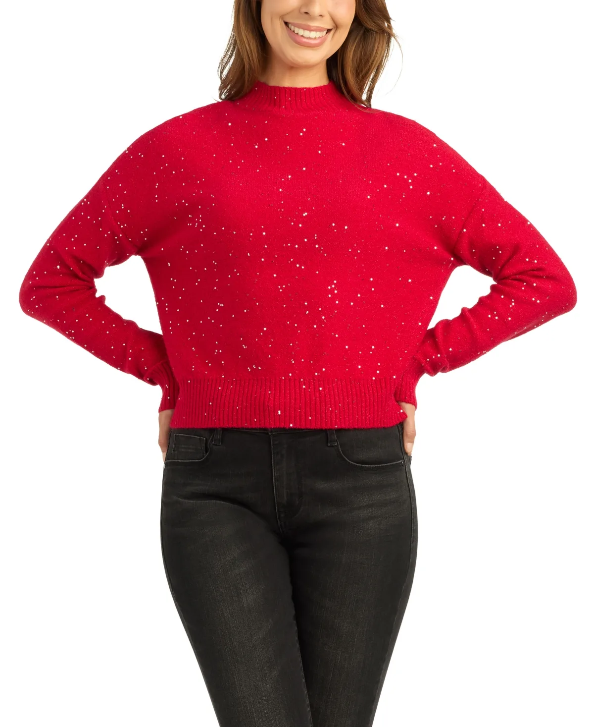 Mock Neck Long-Sleeve Metallic Sweater by Bcx