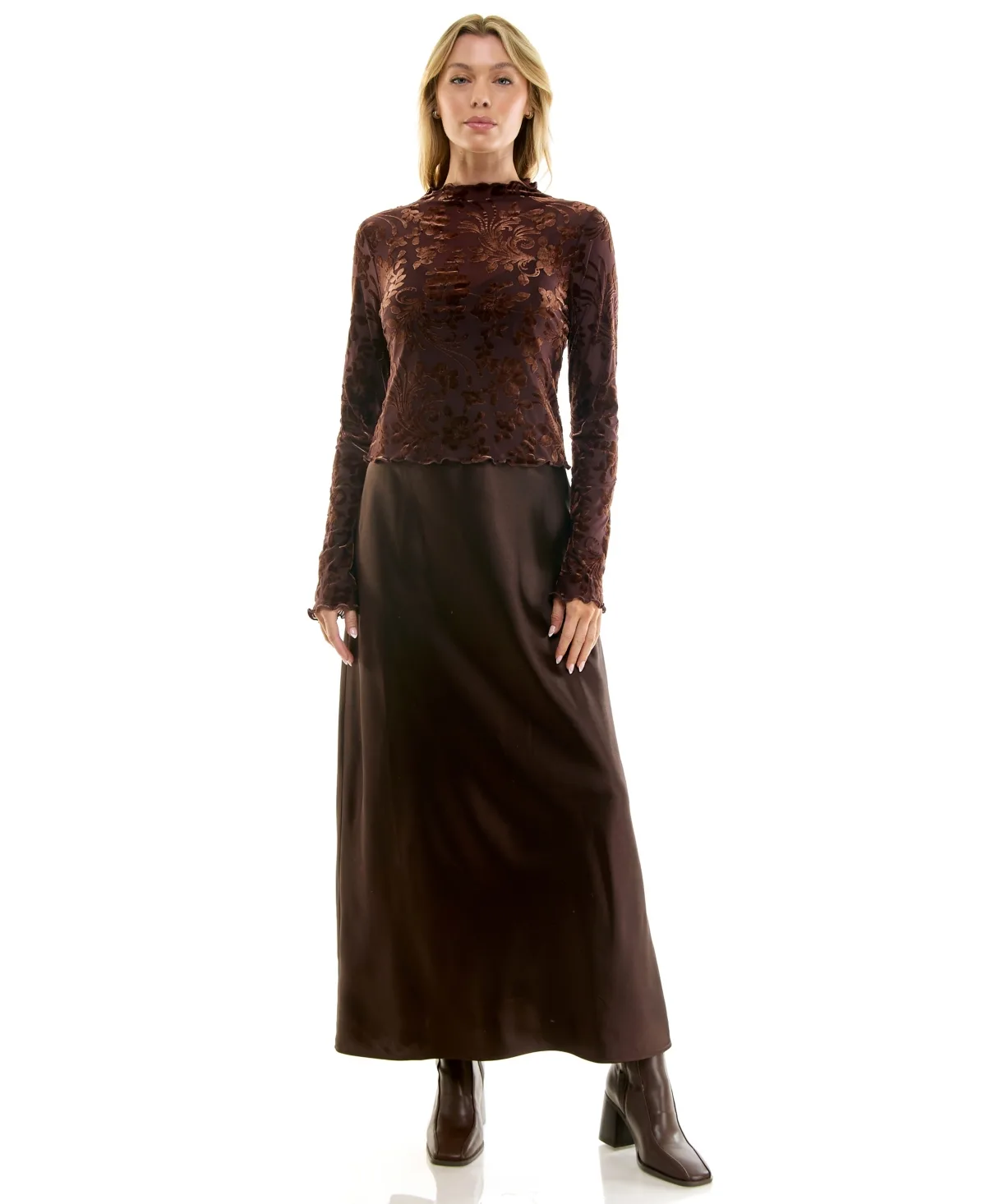 Floral-Print Velvet-Burnout Mock-Neck Top and Slip, 2-Piece Midi Dress by Beauty & Grace