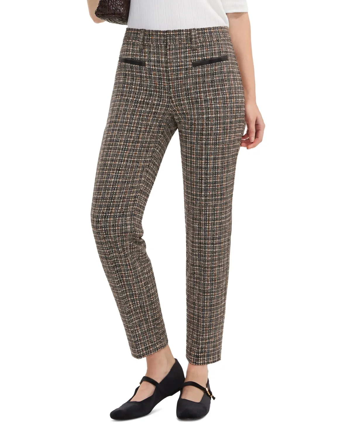 Faux-Leather Trim Plaid Straight-Leg Trousers by Liverpool Los Angeles