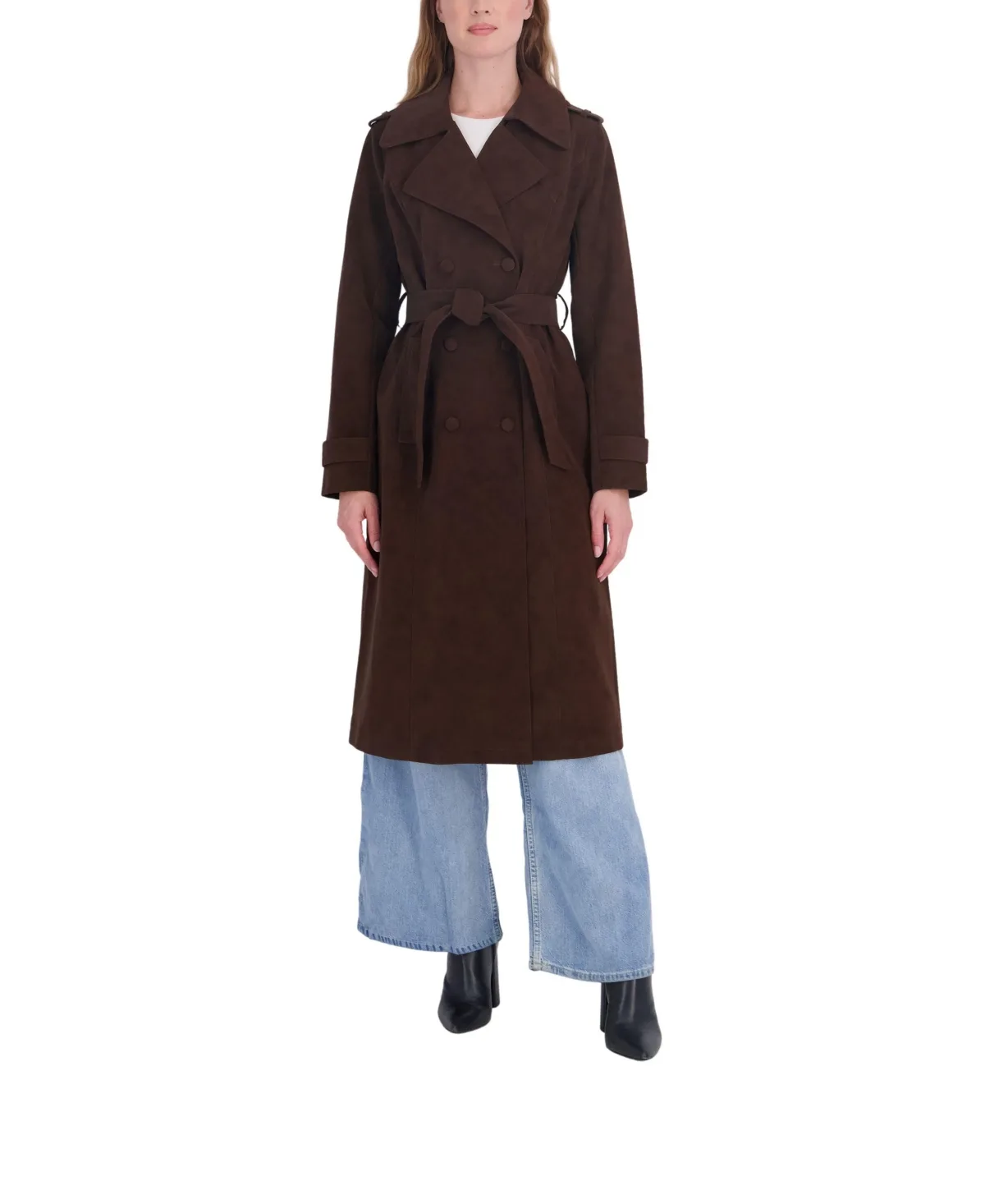 Nubuck Faux Leather Belted Trench Coat