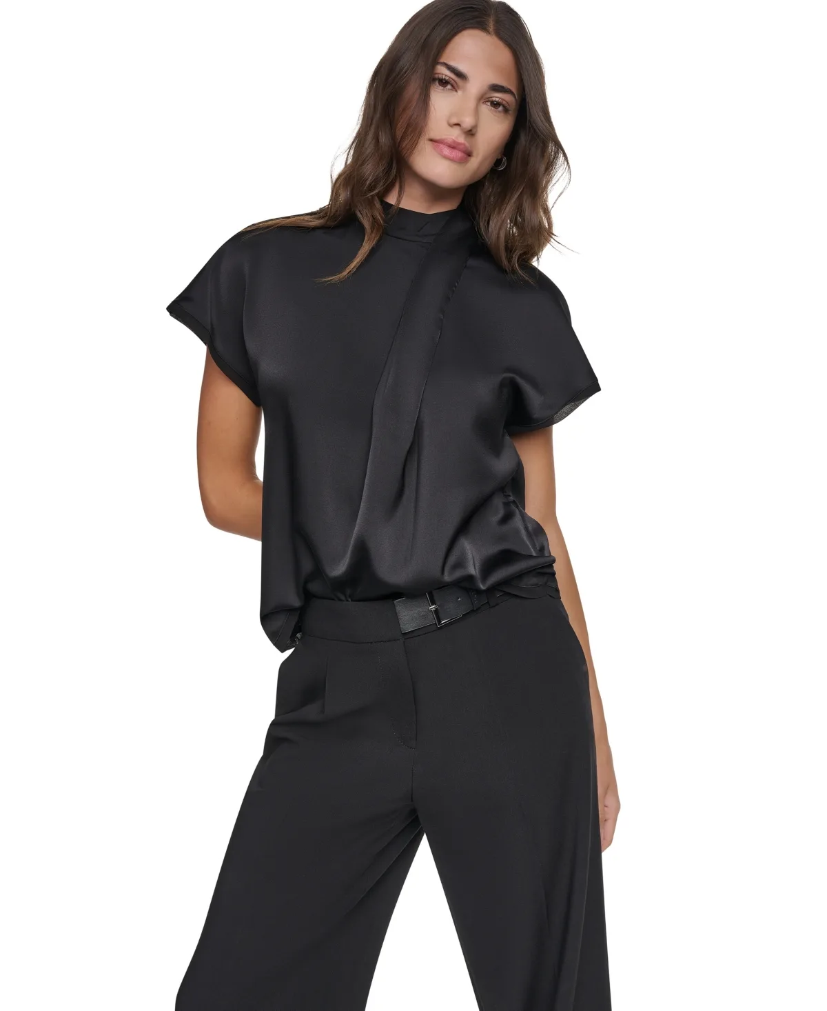 Short-Sleeve Mock-Neck Satin Blouse