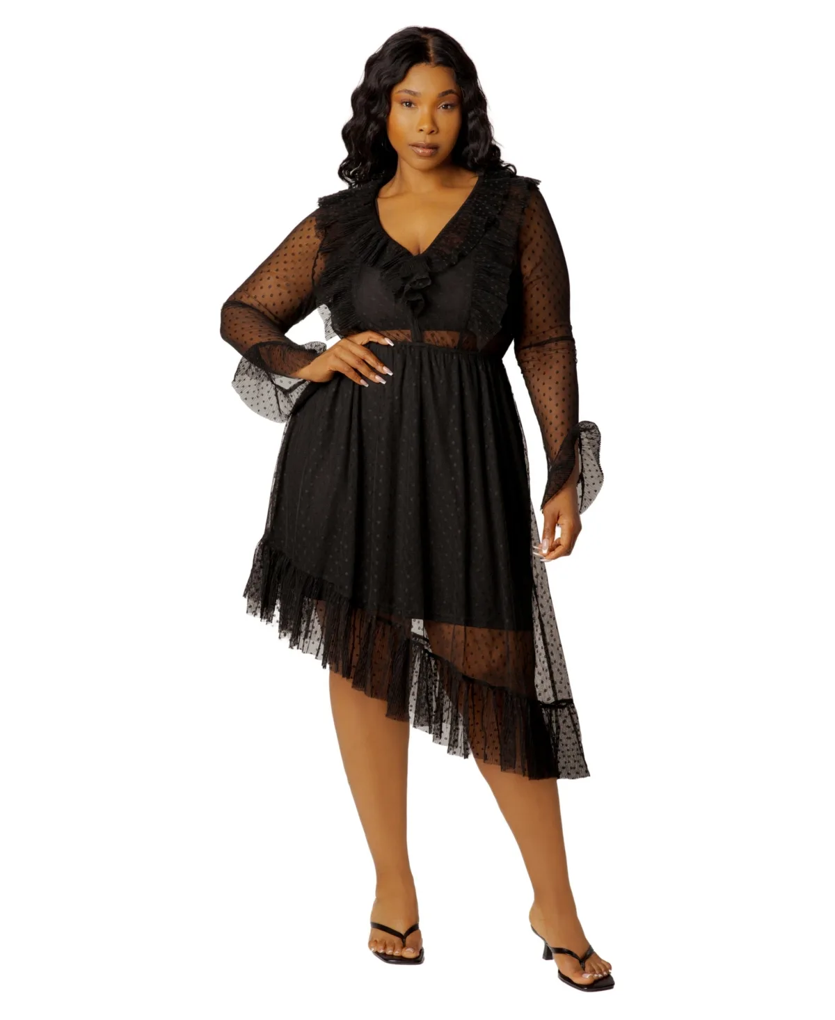 Asymmetrical Polka Dot Mesh Ruffle Dress by Buxom Couture