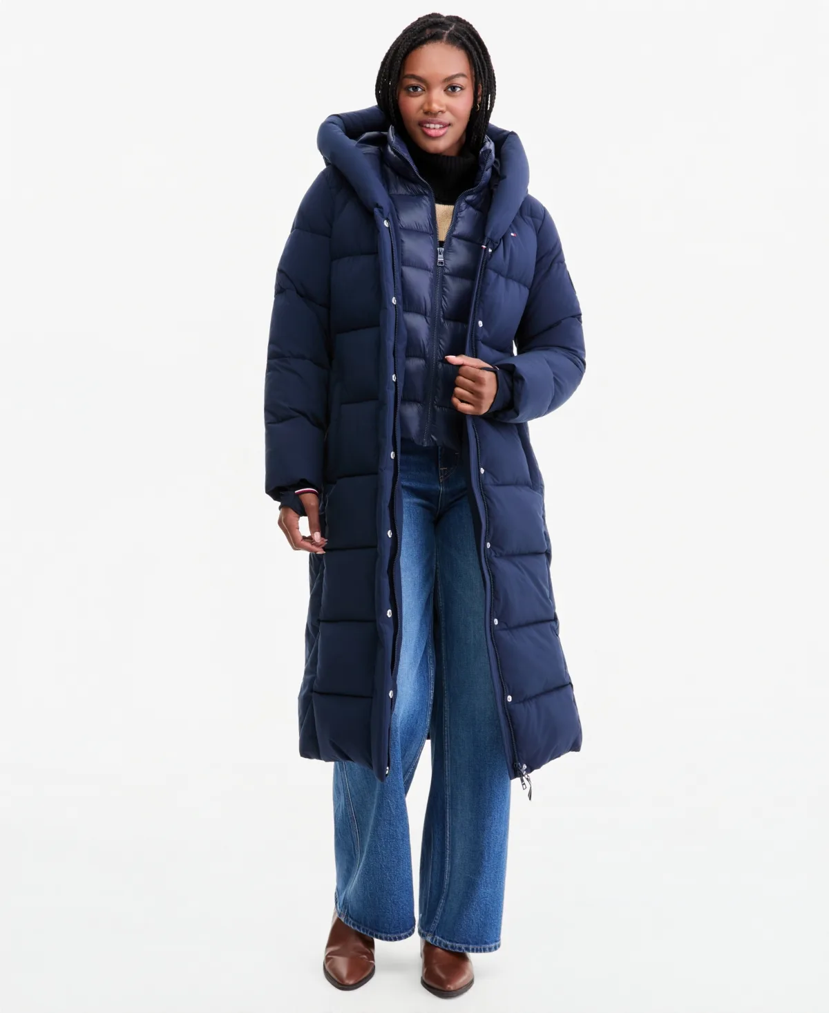 Hooded Bibbed Stretch Maxi Puffer Coat by Tommy Hilfiger