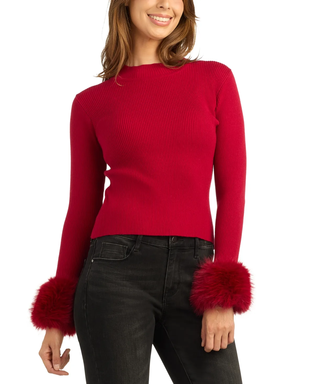 Long-Sleeve Mock Neck Faux Fur Sweater by Bcx