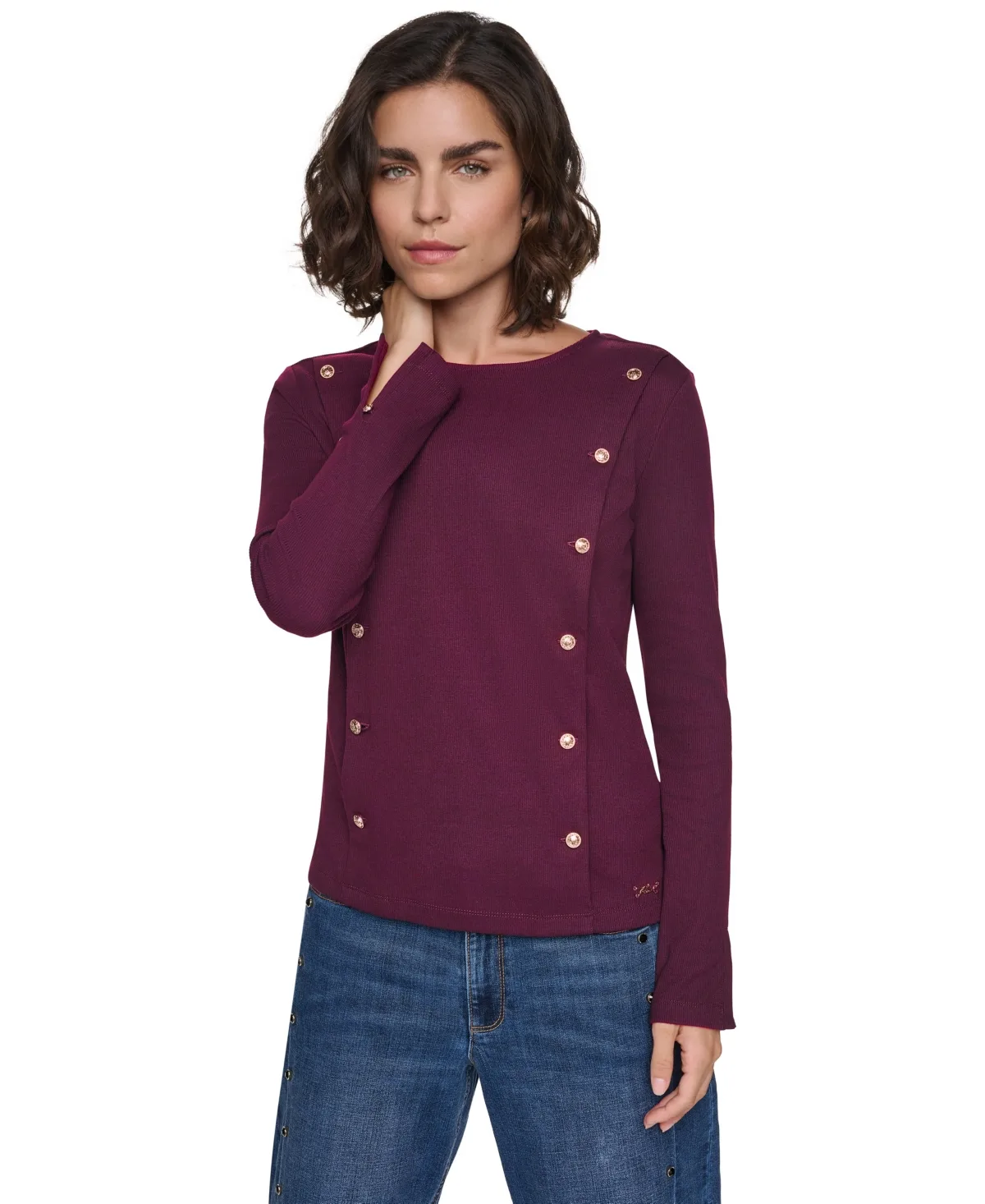 Button Front Long-Sleeve Crewneck Sweater by Karl Lagerfeld