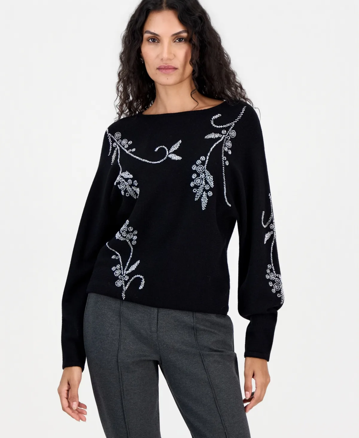 Long-Sleeve Dolman Sweater with Seed Bead Embellishment by Tahari