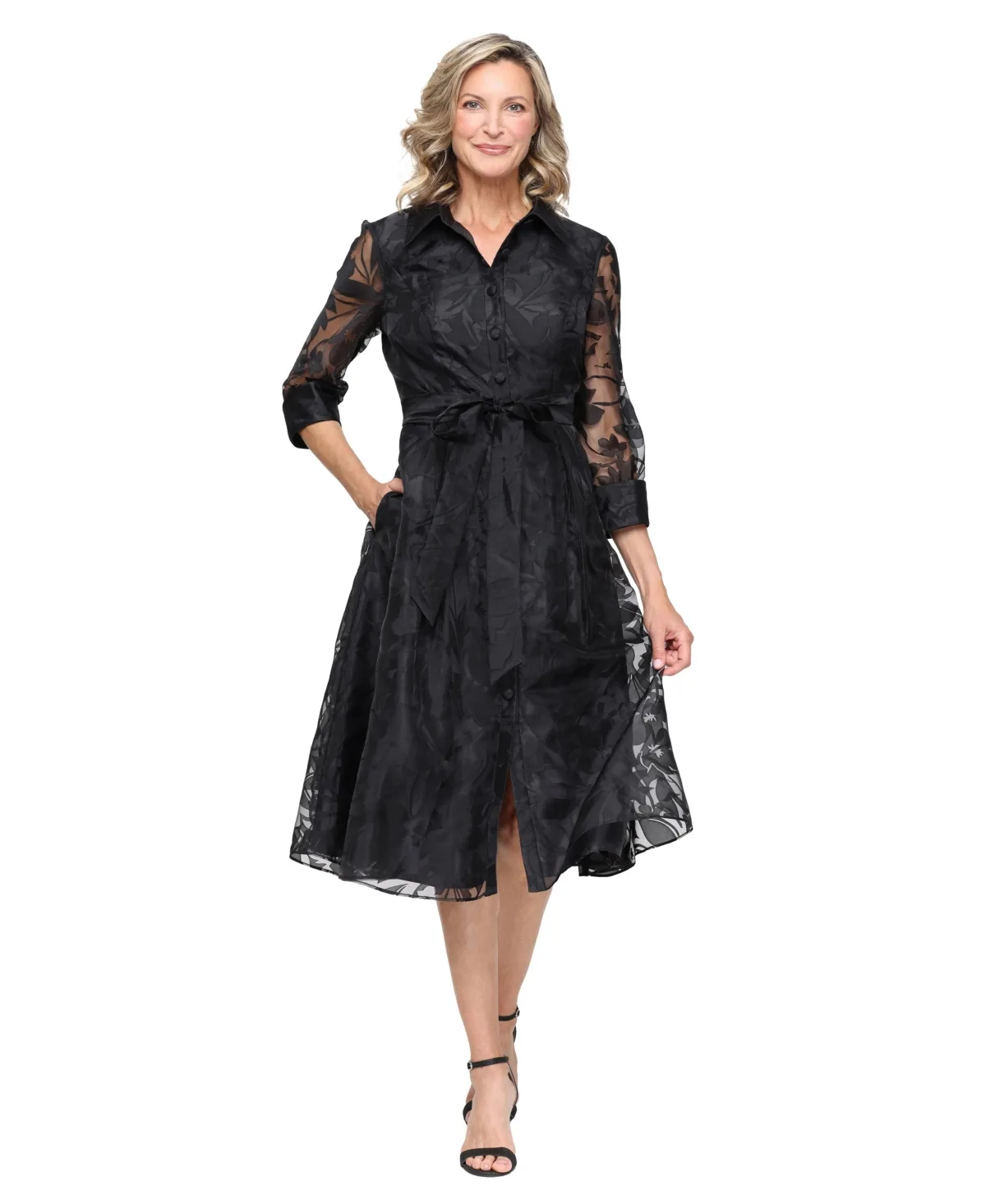 Rosaline Floral Burnout Organza Tie-Belt Dress by Alex Evenings