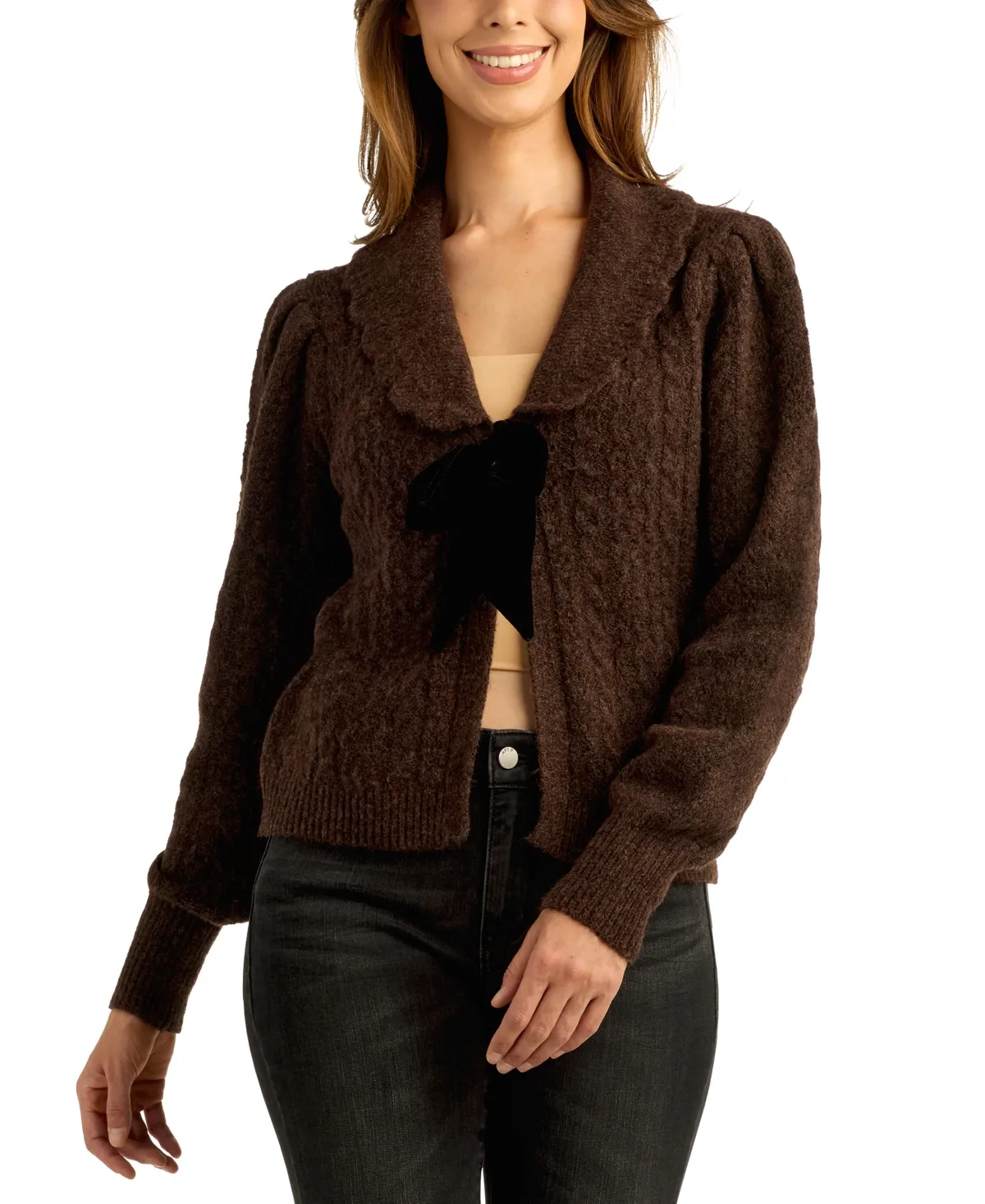 Cable-Knit Bow Long-Sleeve Cardigan by Bcx