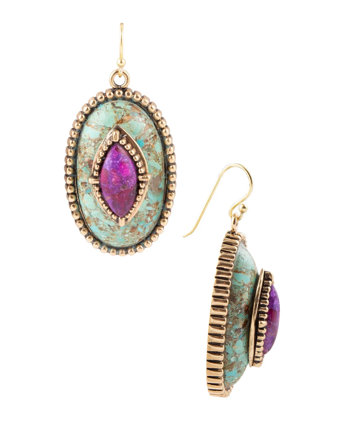 Genuine Blue Turquoise and Genuine Purple Turquoise Stacked Stone Drop Earrings by Barse