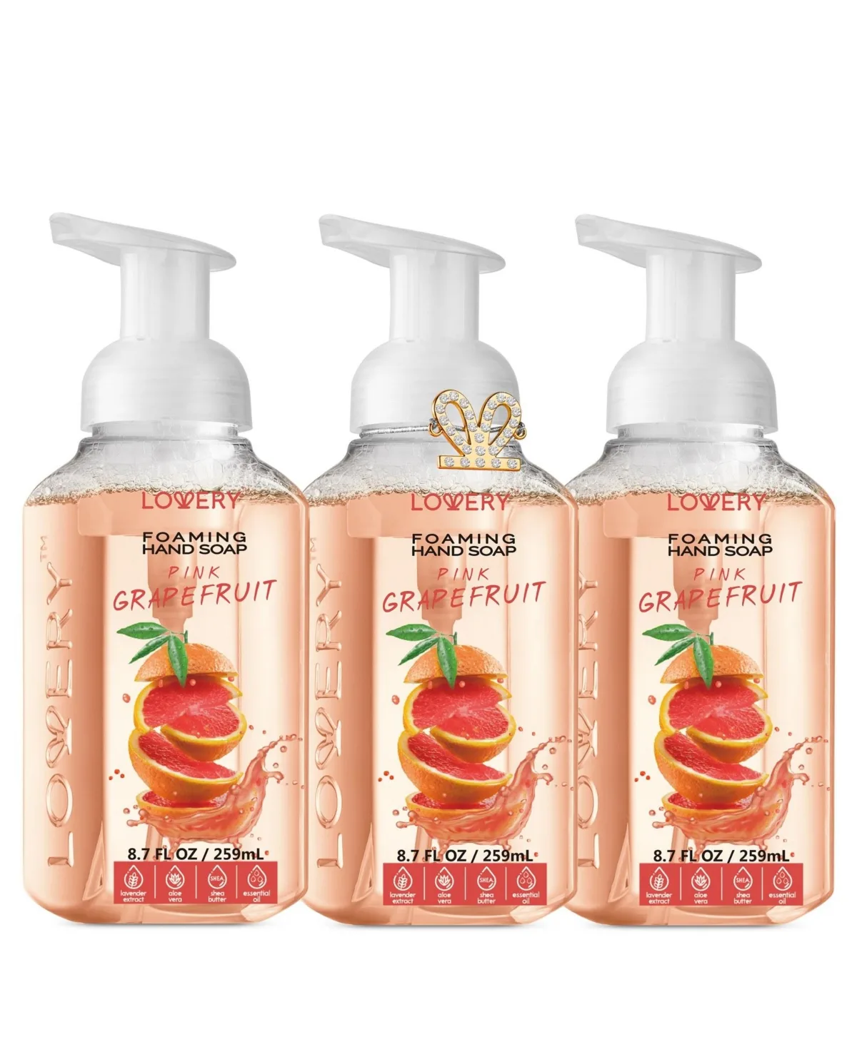 Hand Foaming Soap in Pink Grapefruit, Moisturizing Hand Soap with Flawless Crystal Heart Bracelet - 4 Piece Hand Wash Set by Lovery