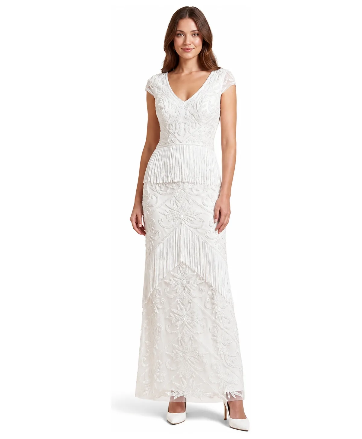 Cap Sleeve Bridal Beaded Gown with Fringe by Lara