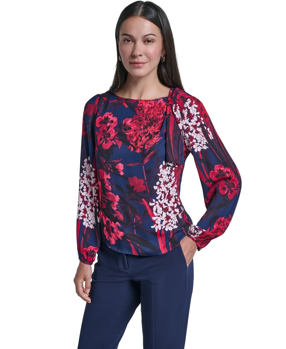 Long Sleeve Boat Neck Floral Blouse