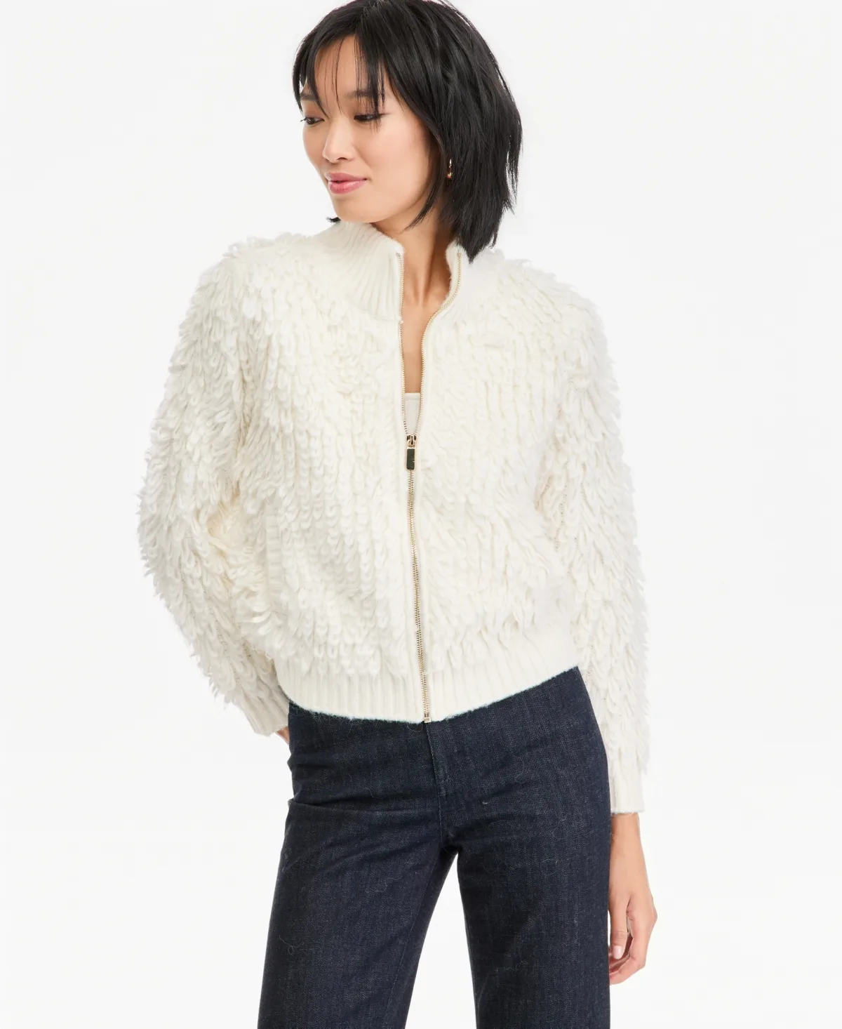 Fuzzy-Knit Full-Zip Mock-Neck Cardigan by INC International Concepts