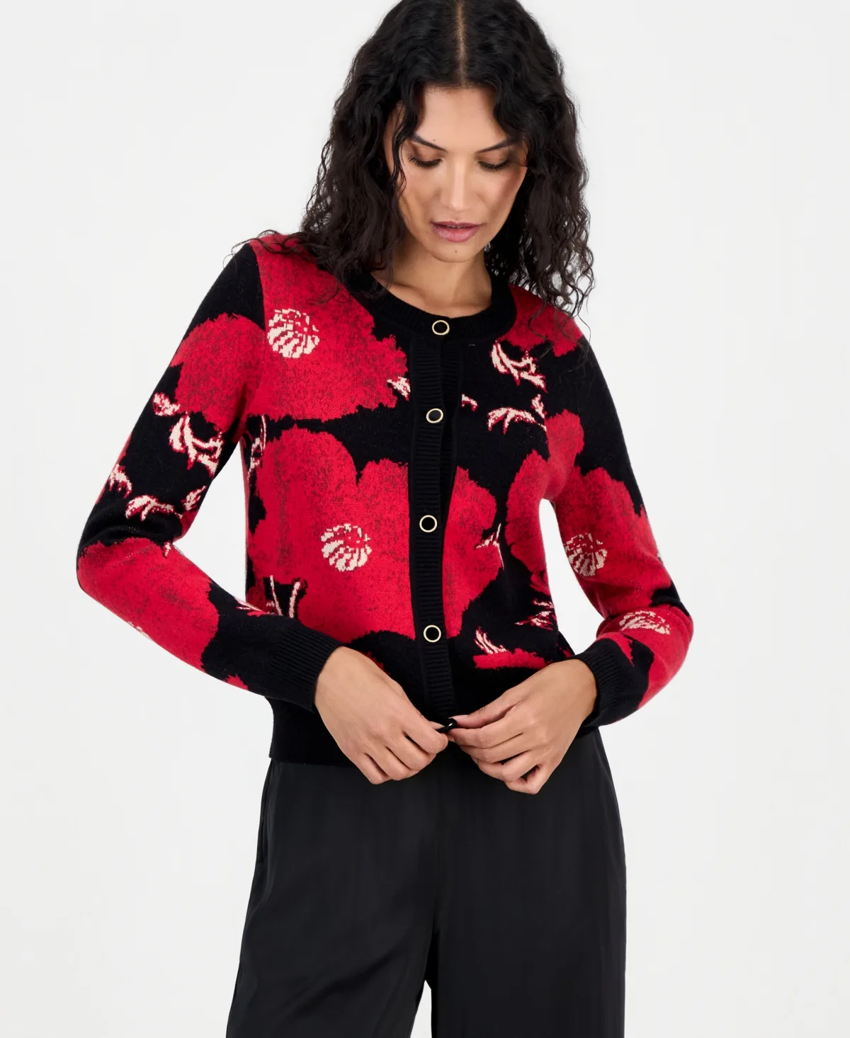 Long-Sleeve Floral-Print Jacquard Cardigan by Tahari
