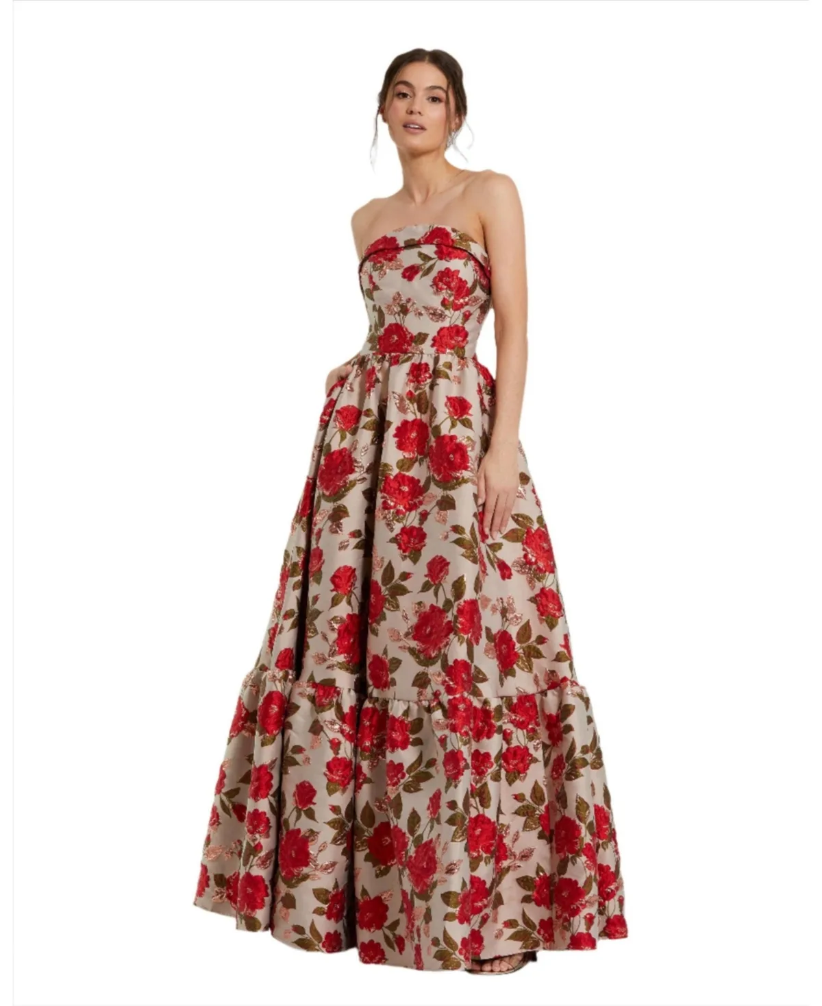 Brocade Strapless Floral Gown with Ruffle Hem by M.A.C.