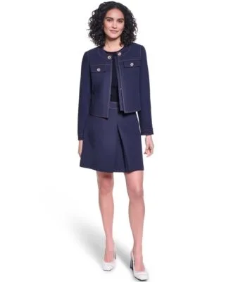 Twill Contrast Stitch Round Neck Cropped Jacket Invisible Zipper Mini Skirt by Karl Lagerfeld