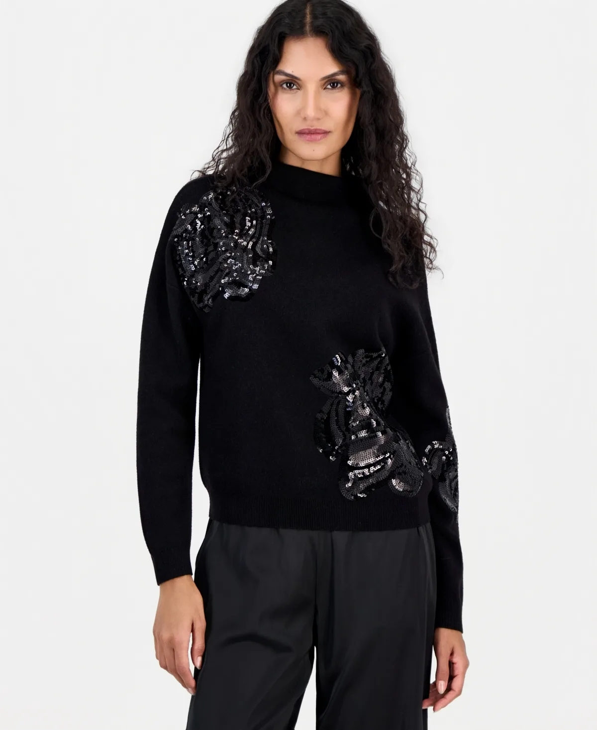 Sequin-Embellished Floral Mock Neck Sweater by Tahari