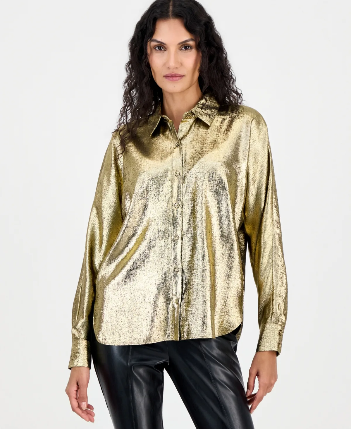 Button-Down Metallic Long-Sleeve Blouse by Tahari