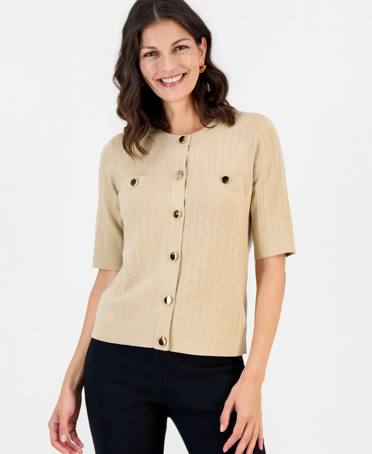 Lurex Pointelle Short-Sleeve Cardigan Sweater