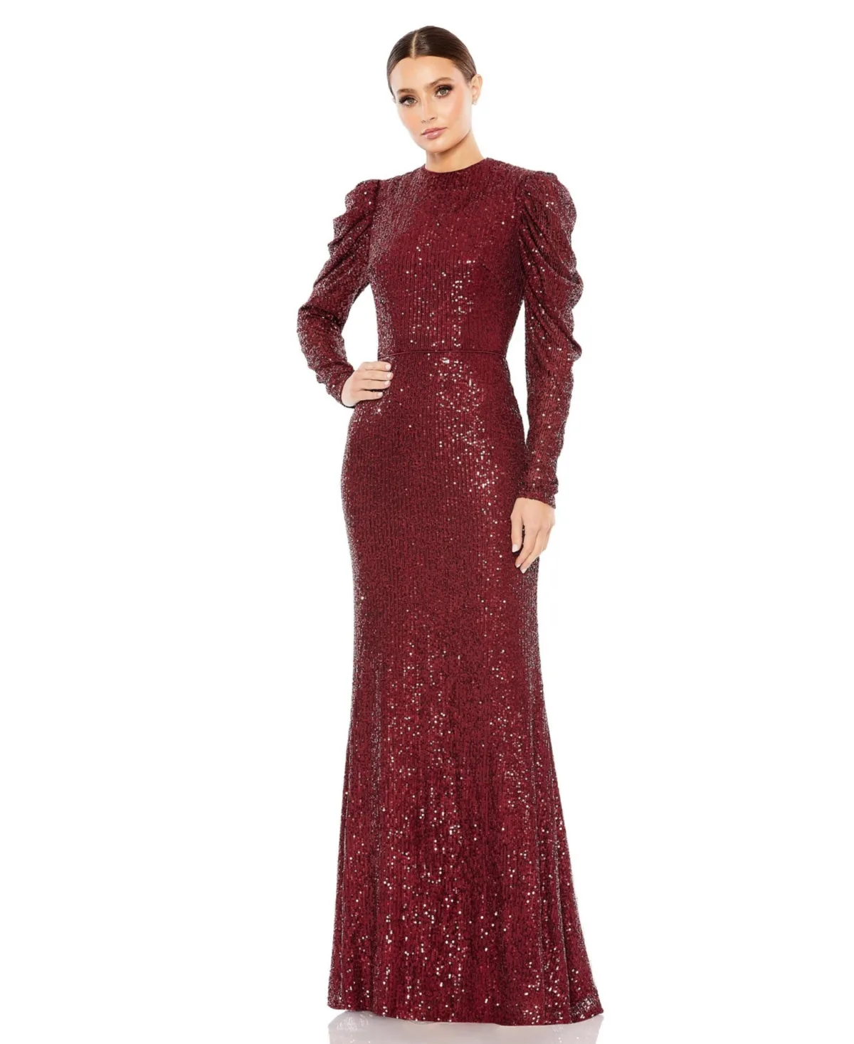 Sequined High Neck Puff Long Sleeve Column Gown by M.A.C.
