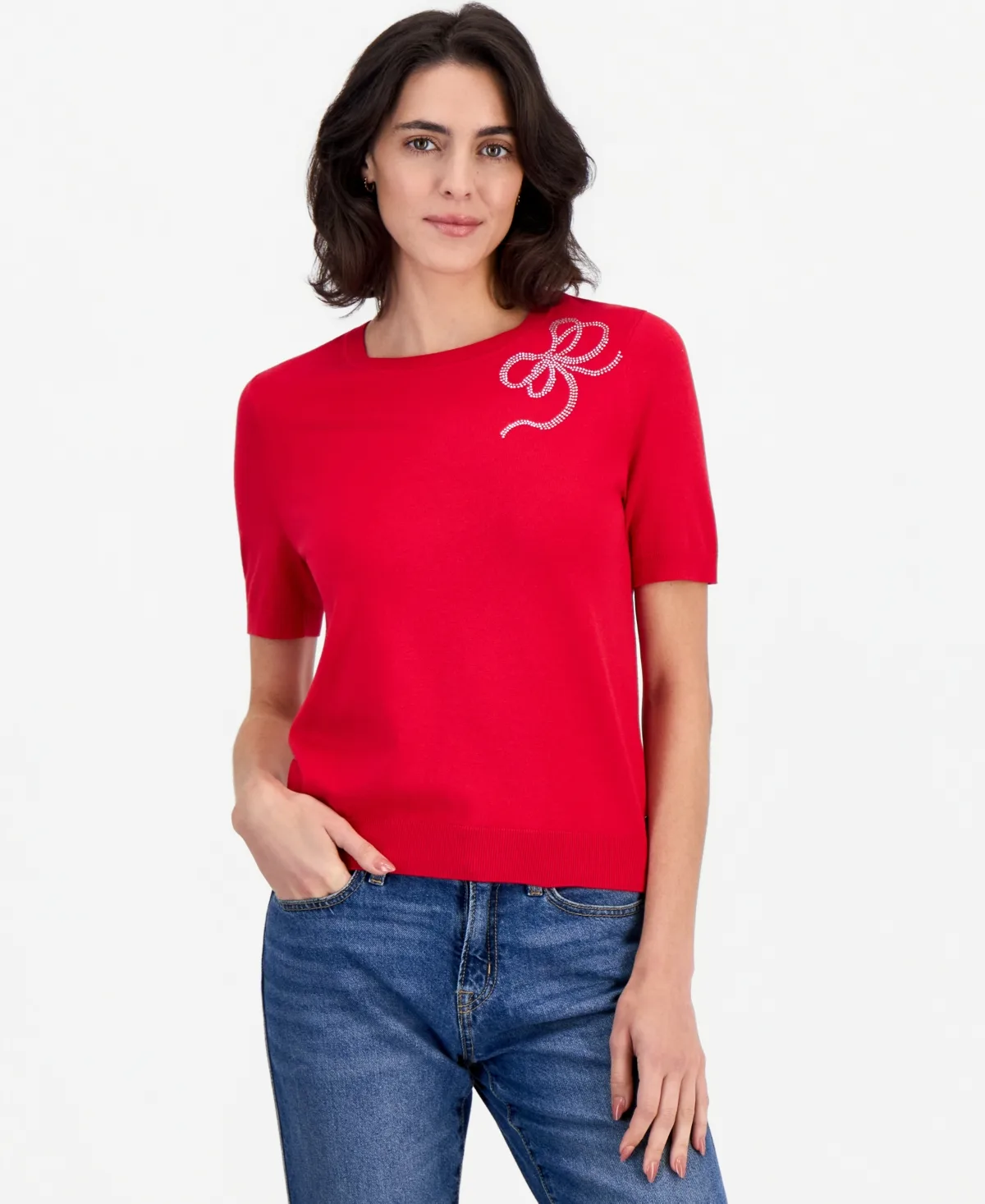 Short-Sleeve Crewneck Rhinestone-Bow Sweater by Nautica
